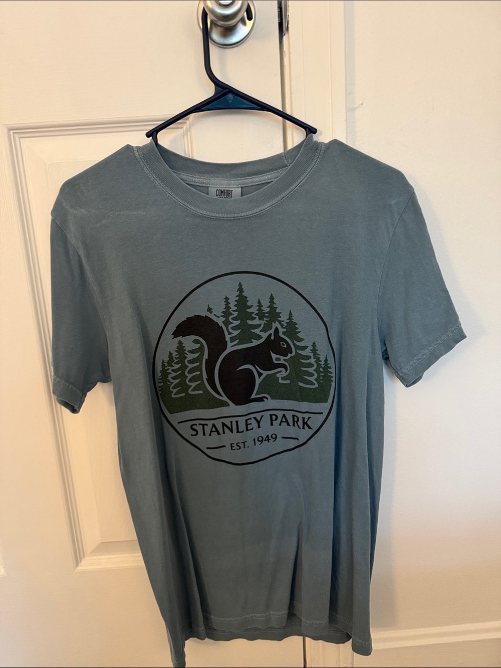 Comfort Colors Slate Blue Short Sleeve Tee with Stanley Park Squirrel Graphic